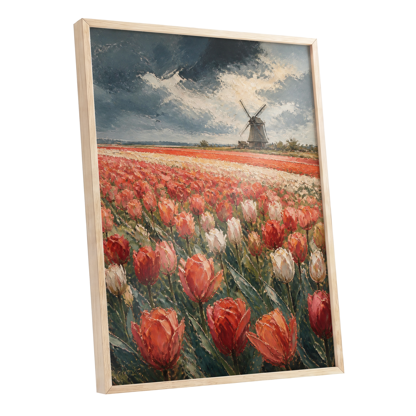 Tulips Beneath Stormlight, red, green, gray floral wall art shown as a oak framed poster wall art print