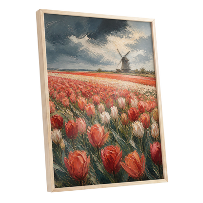 Tulips Beneath Stormlight, red, green, gray floral wall art shown as a oak framed poster wall art print