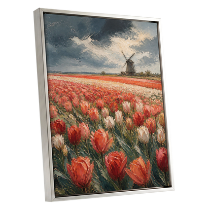 Tulips Beneath Stormlight, red, green, gray floral wall art shown as a silver framed canvas wall art