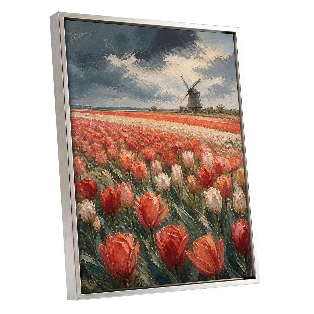 Tulips Beneath Stormlight, red, green, gray floral wall art shown as a silver framed canvas wall art