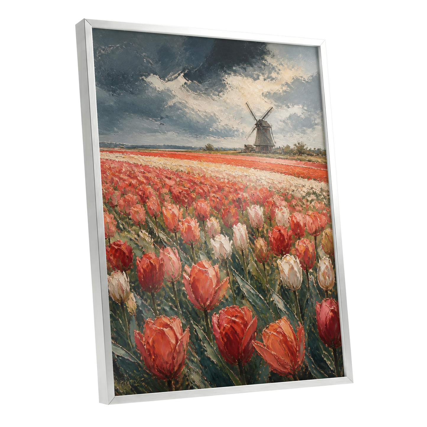 Tulips Beneath Stormlight, red, green, gray floral wall art shown as a silver framed poster wall art print