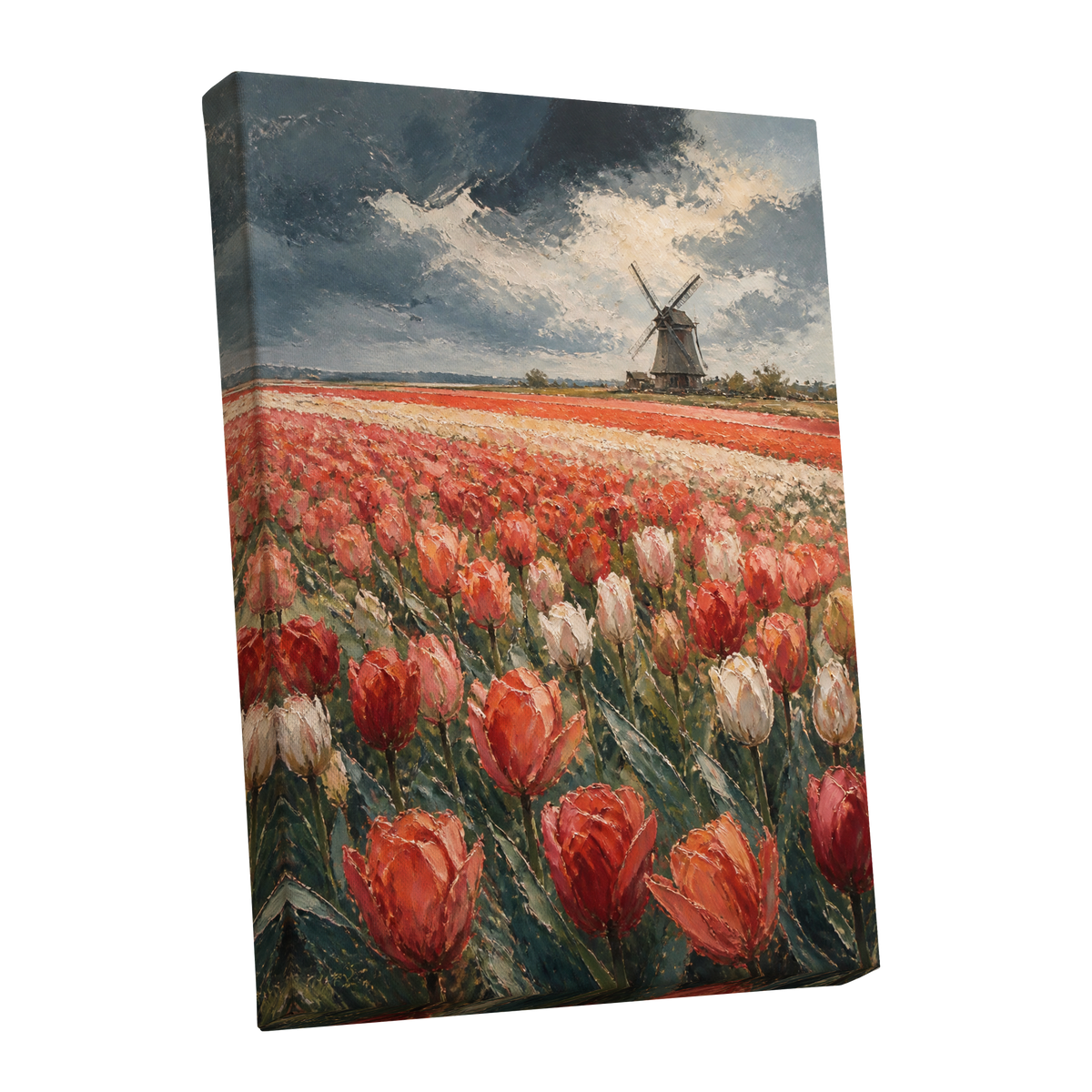 Tulips Beneath Stormlight, red, green, gray floral wall art shown as a stretched canvas wall art