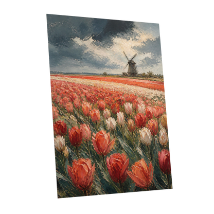 Tulips Beneath Stormlight, red, green, gray floral wall art shown as a unframed poster wall art print