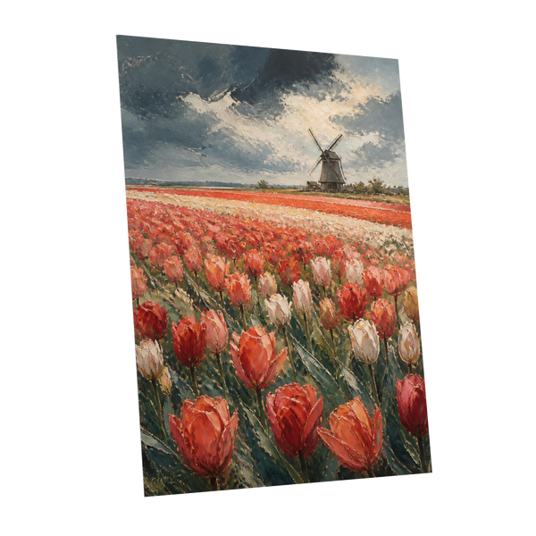 Tulips Beneath Stormlight, red, green, gray floral wall art shown as a unframed poster wall art print