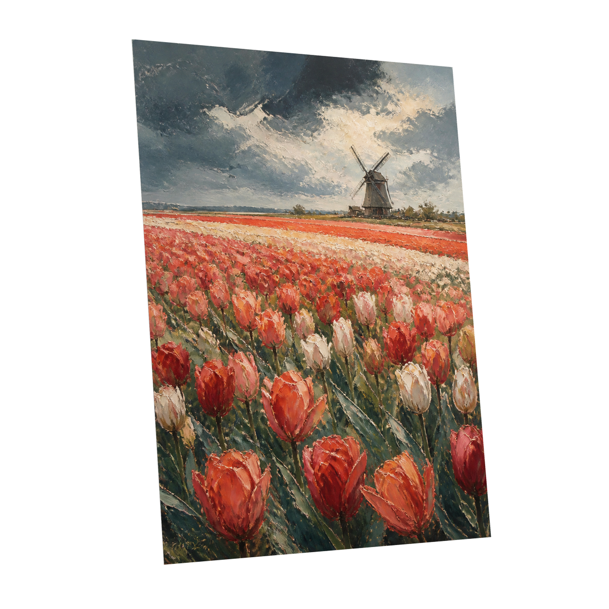 Tulips Beneath Stormlight, red, green, gray floral wall art shown as a unframed poster wall art print