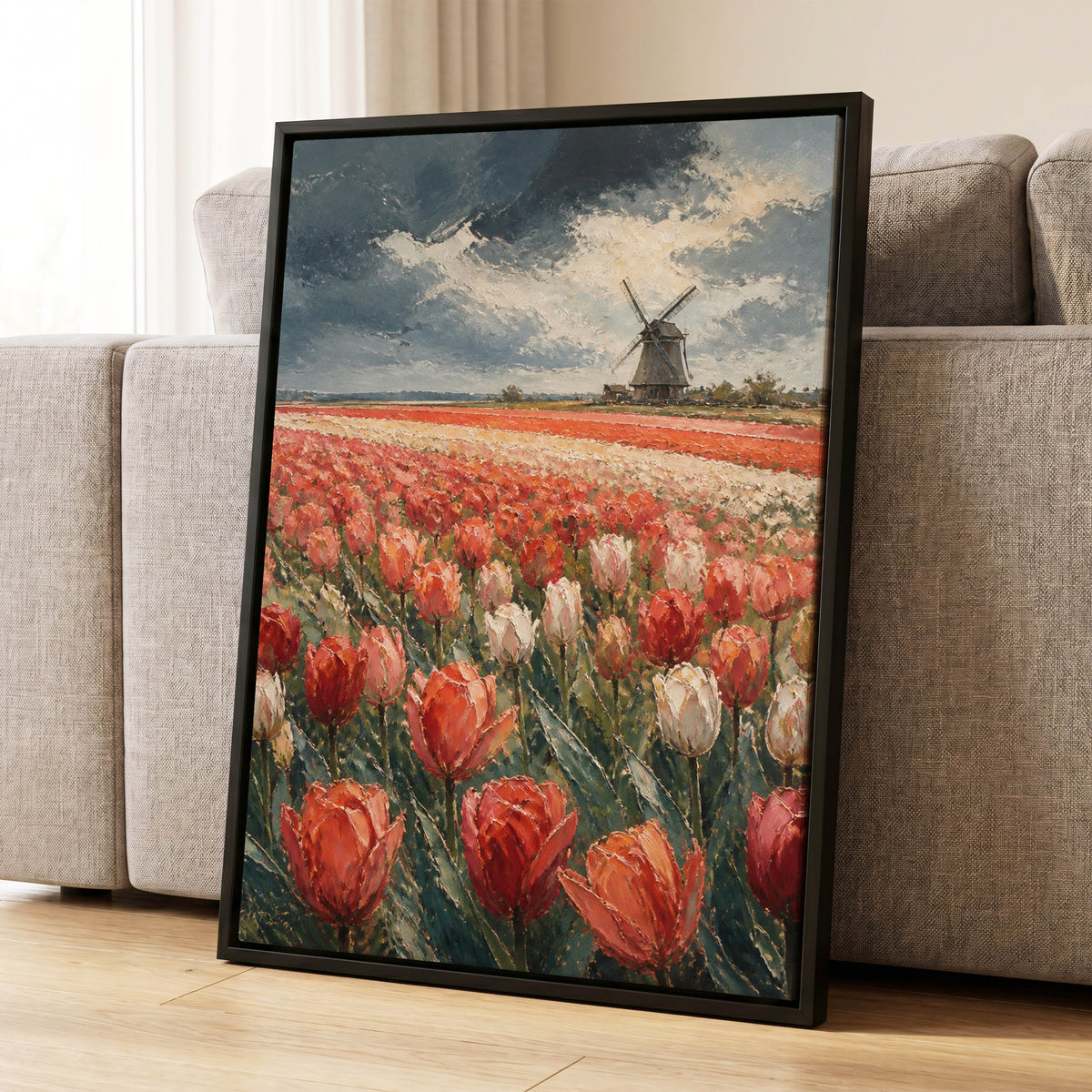 Tulips Beneath Stormlight, red, green, gray floral wall art displayed in a styled interior, gallery view 1