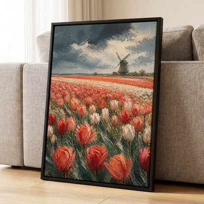 Tulips Beneath Stormlight, red, green, gray floral wall art displayed in a styled interior, gallery view 1
