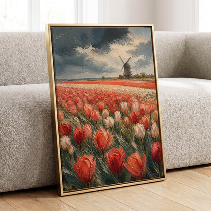 Tulips Beneath Stormlight, red, green, gray floral wall art displayed in a styled interior, gallery view 1