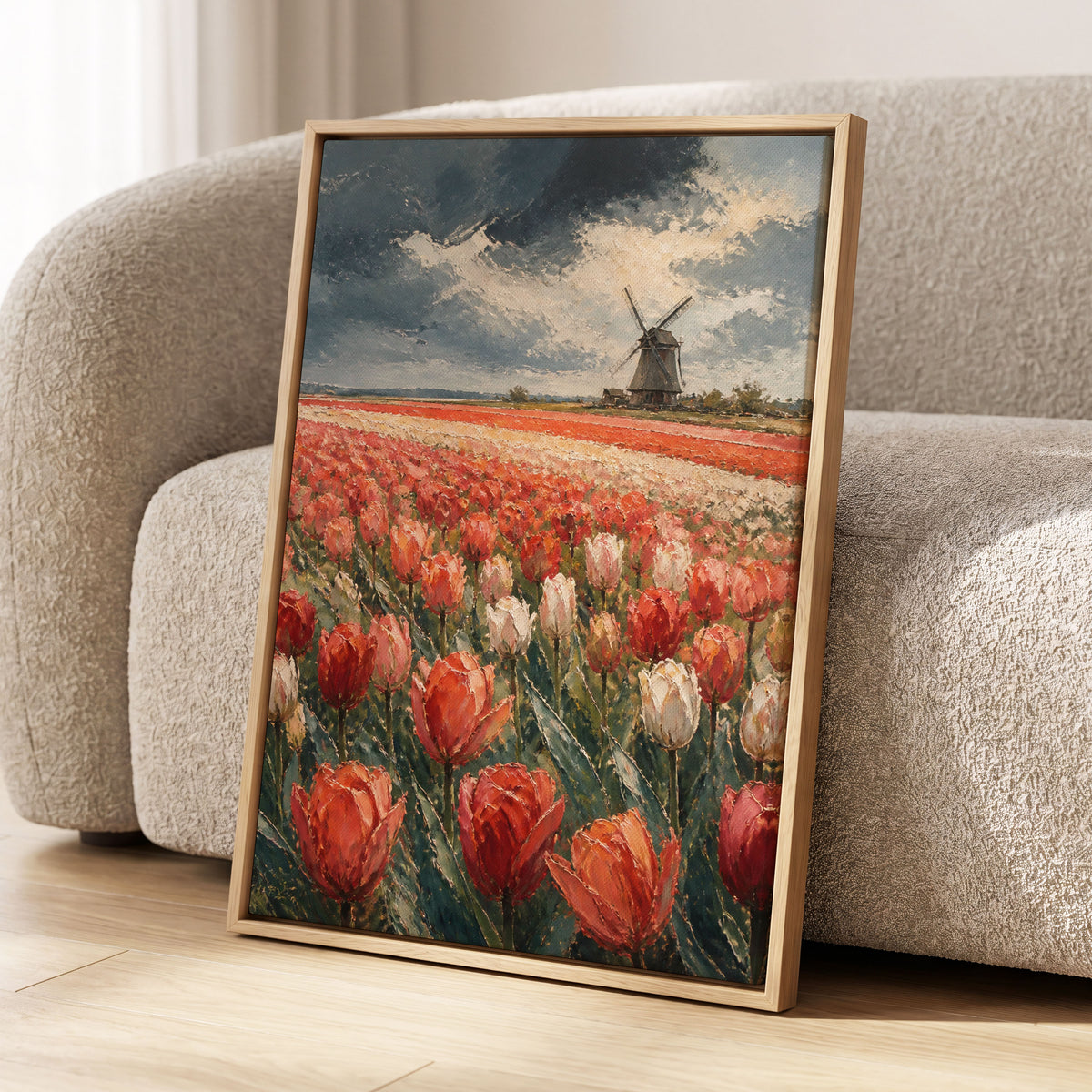 Tulips Beneath Stormlight, red, green, gray floral wall art displayed in a styled interior, gallery view 2