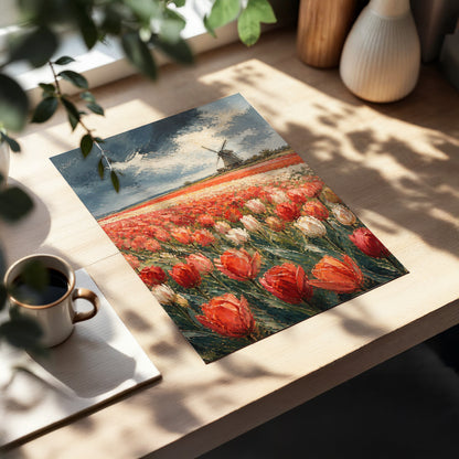 Tulips Beneath Stormlight, red, green, gray floral wall art displayed in a styled interior, gallery view 2
