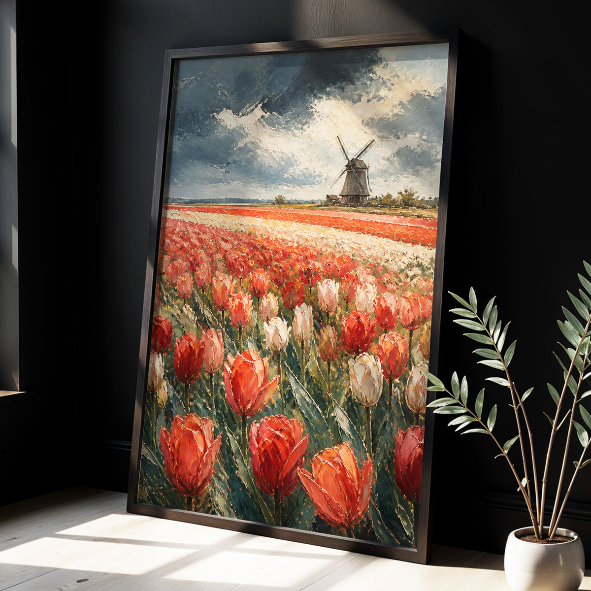 Tulips Beneath Stormlight, red, green, gray floral wall art displayed in a styled interior, gallery view 3