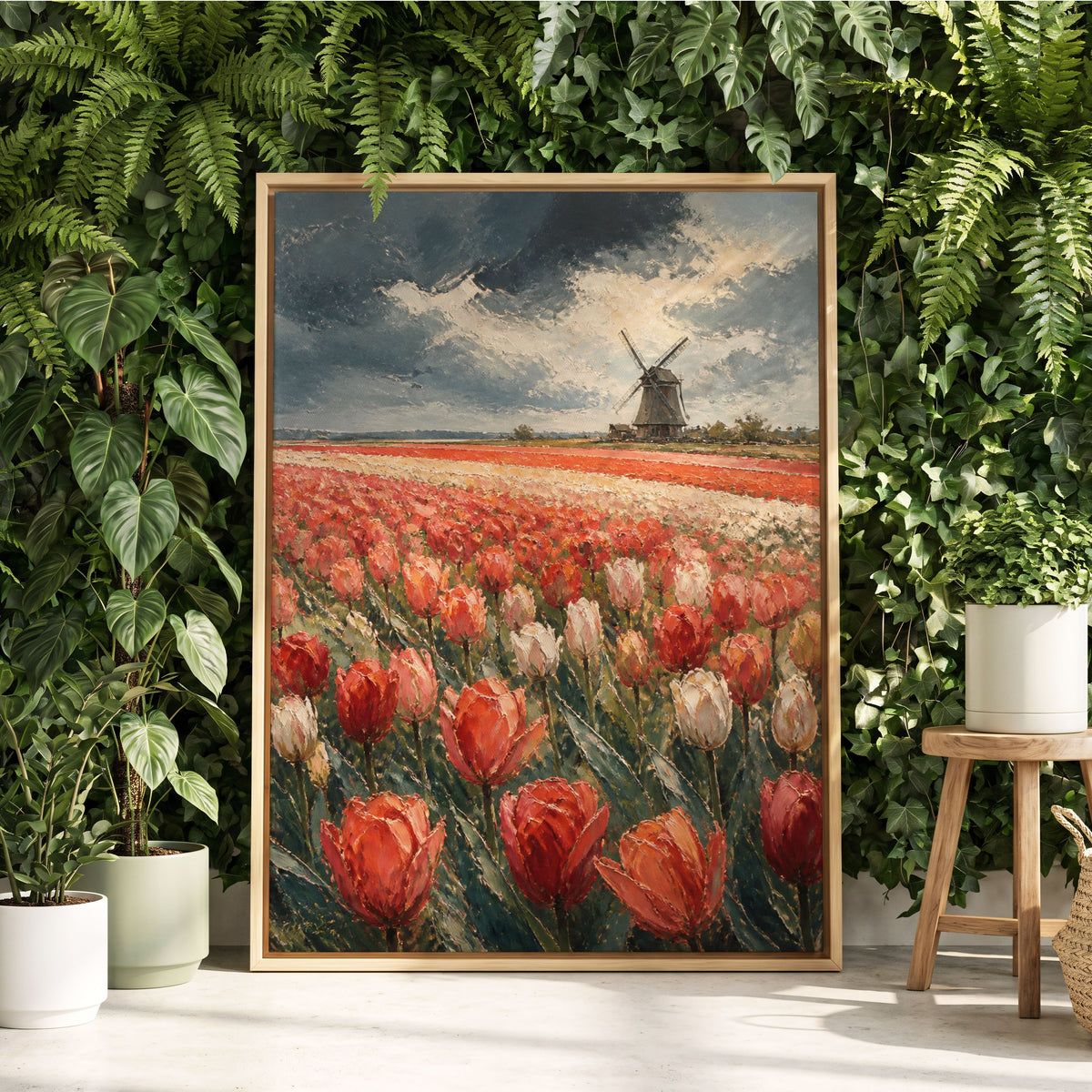 Tulips Beneath Stormlight, red, green, gray floral wall art displayed in a styled interior, gallery view 3