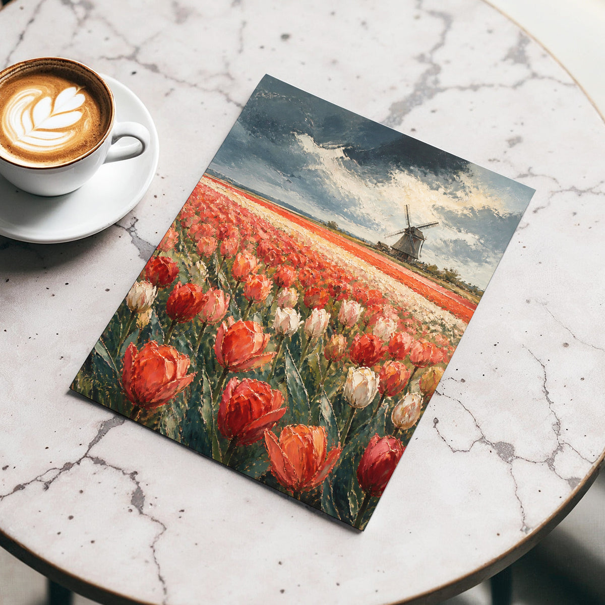 Tulips Beneath Stormlight, red, green, gray floral wall art displayed in a styled interior, gallery view 4