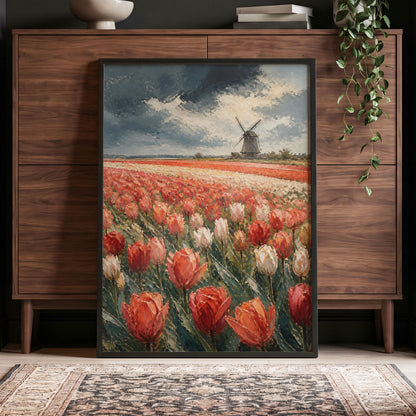 Tulips Beneath Stormlight, red, green, gray floral wall art displayed in a styled interior, gallery view 5