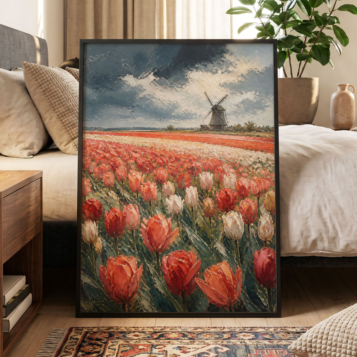 Tulips Beneath Stormlight, red, green, gray floral wall art displayed in a styled interior, gallery view 5