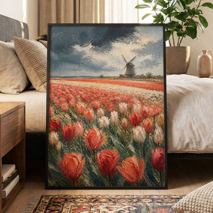 Tulips Beneath Stormlight, red, green, gray floral wall art displayed in a styled interior, gallery view 5