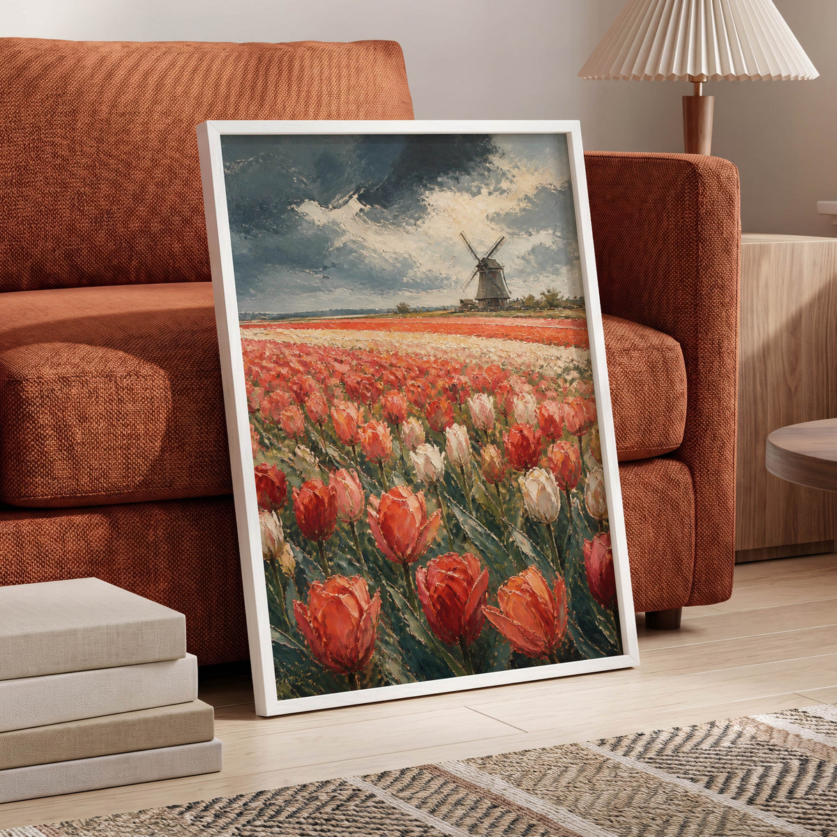 Tulips Beneath Stormlight, red, green, gray floral wall art displayed in a styled interior, gallery view 6