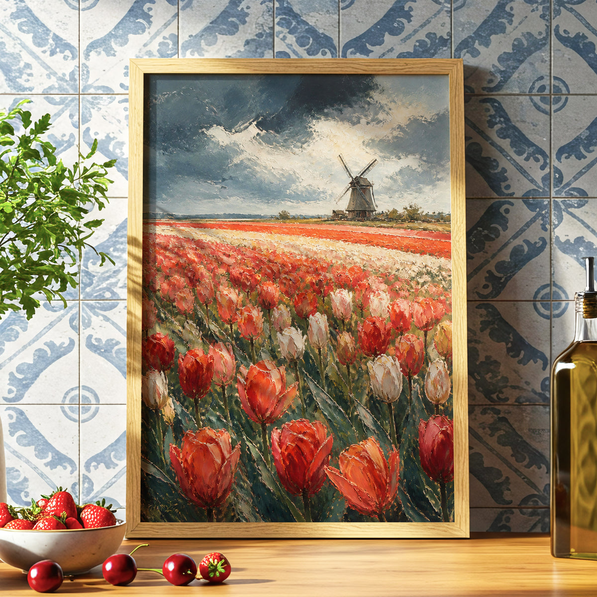 Tulips Beneath Stormlight, red, green, gray floral wall art displayed in a styled interior, gallery view 6