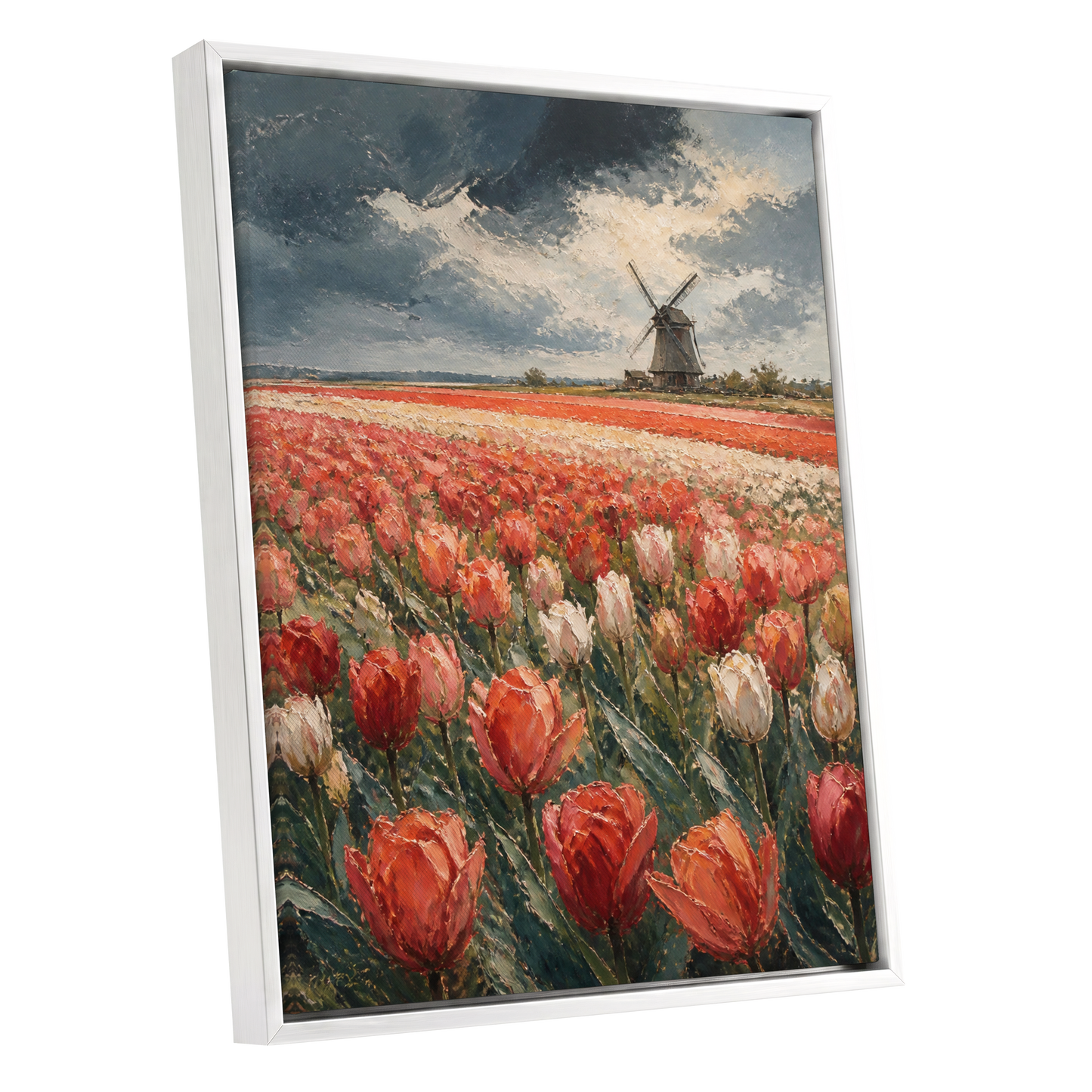 Tulips Beneath Stormlight, red, green, gray floral wall art shown as a white framed canvas wall art