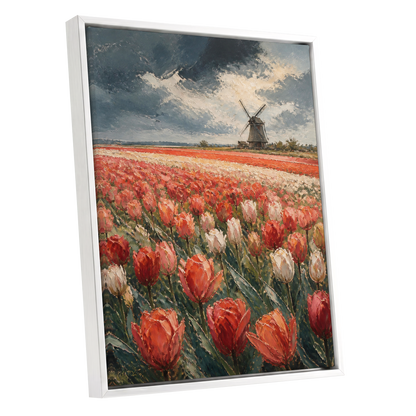 Tulips Beneath Stormlight, red, green, gray floral wall art shown as a white framed canvas wall art