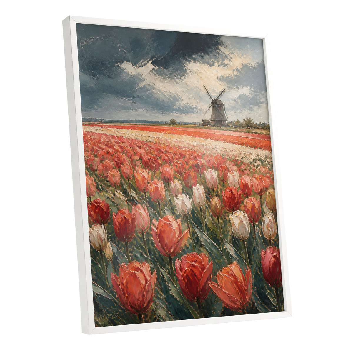Tulips Beneath Stormlight, red, green, gray floral wall art shown as a white framed poster wall art print