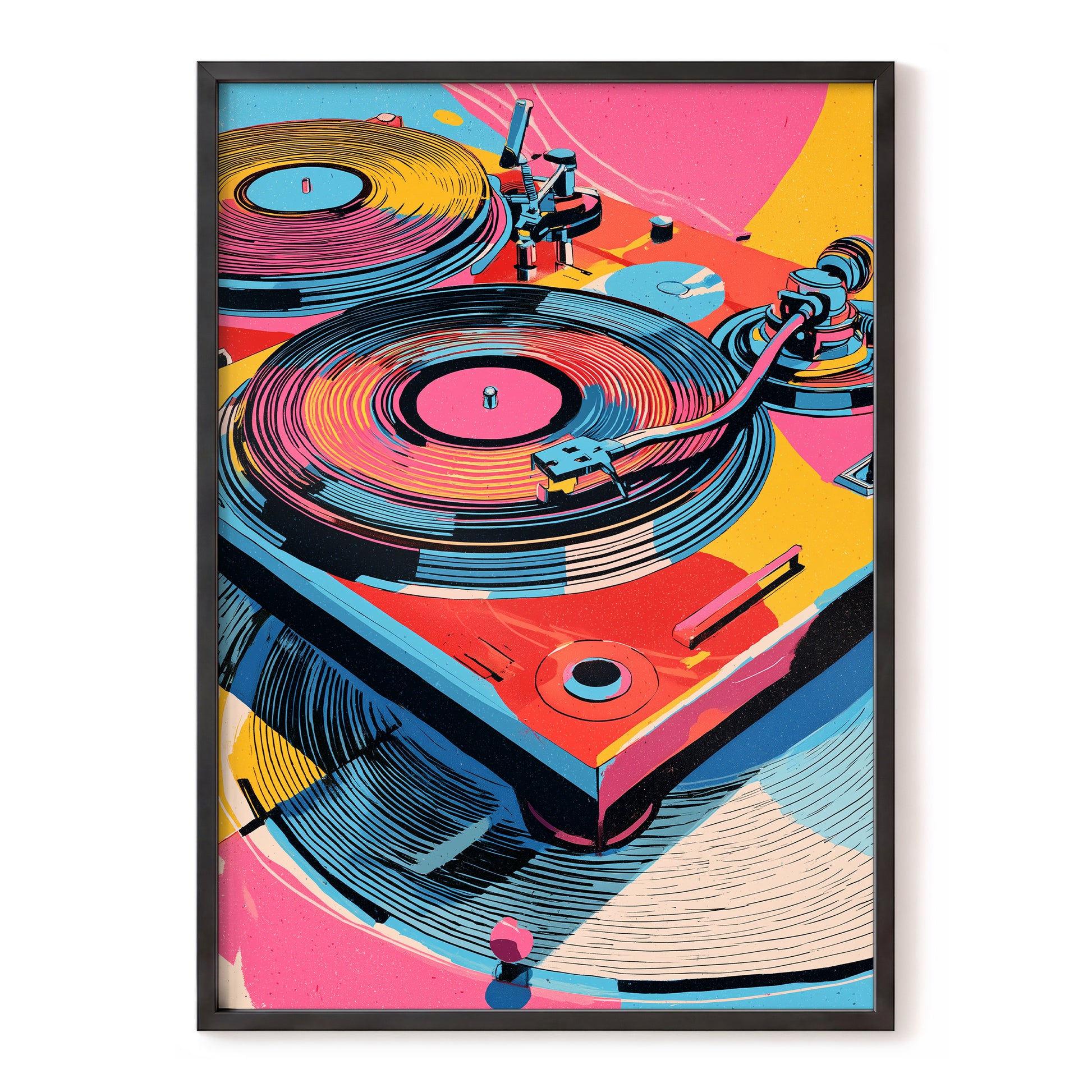 Turntable Riot, pink, blue, black abstract wall art, front artwork view