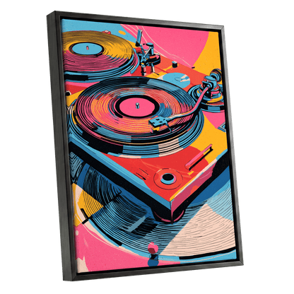 Turntable Riot, pink, blue, black abstract wall art shown as a black framed canvas wall art