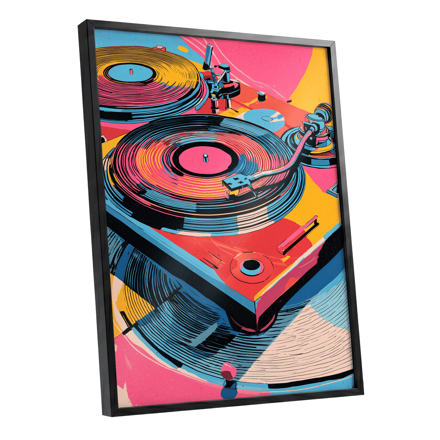 Turntable Riot, pink, blue, black abstract wall art shown as a black framed poster wall art print