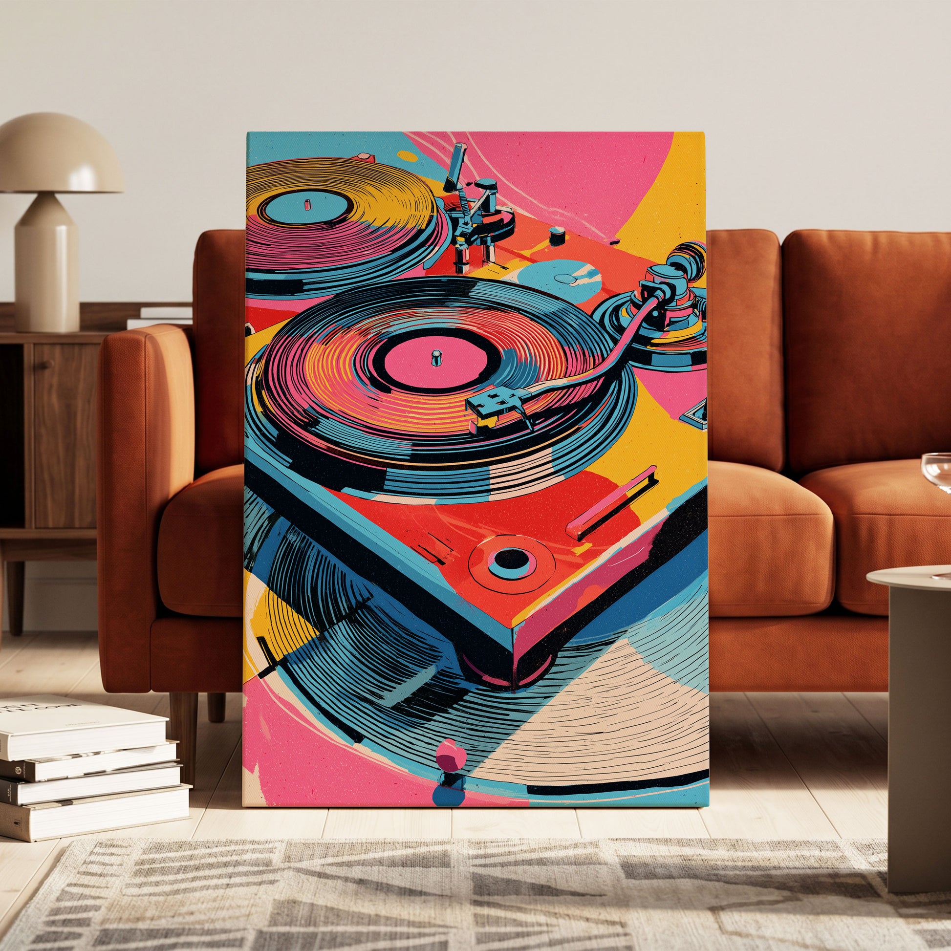 Turntable Riot, pink, blue, black abstract wall art on canvas displayed in a styled interior, gallery view 1