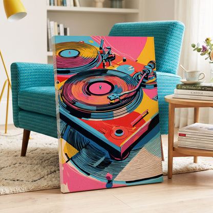 Turntable Riot, pink, blue, black abstract wall art on canvas displayed in a styled interior, gallery view 2
