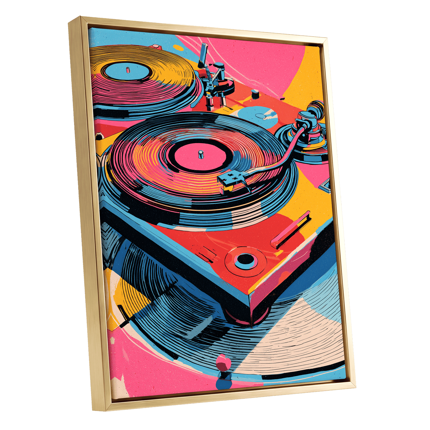 Turntable Riot, pink, blue, black abstract wall art shown as a gold framed canvas wall art