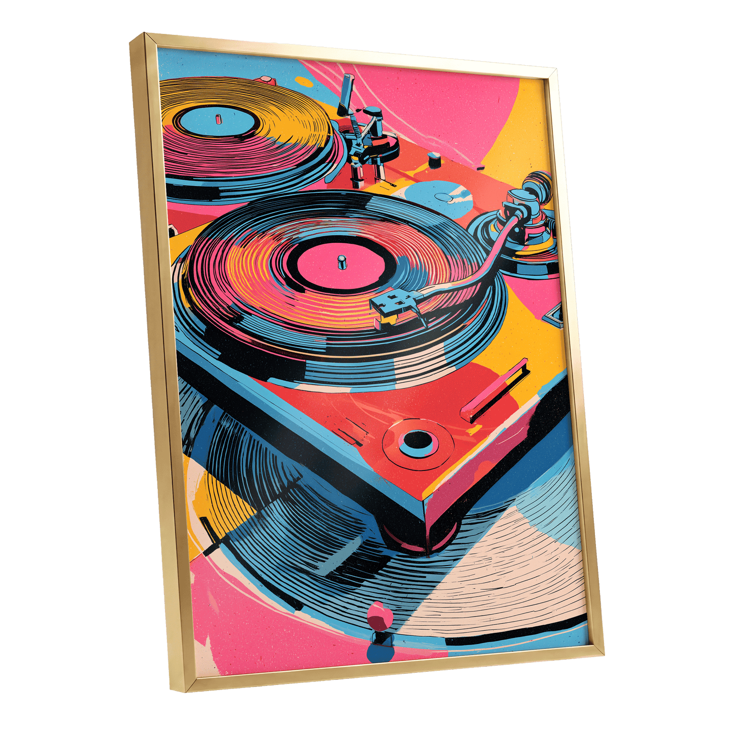 Turntable Riot, pink, blue, black abstract wall art shown as a gold framed poster wall art print