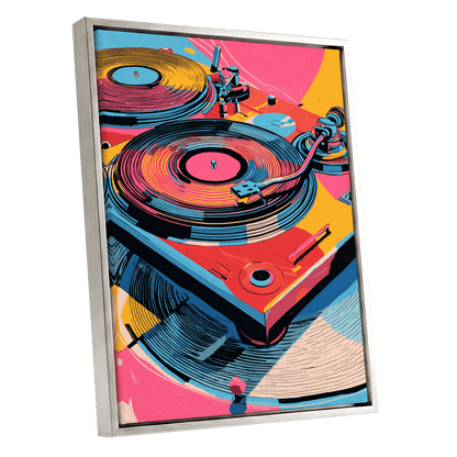 Turntable Riot, pink, blue, black abstract wall art shown as a silver framed canvas wall art