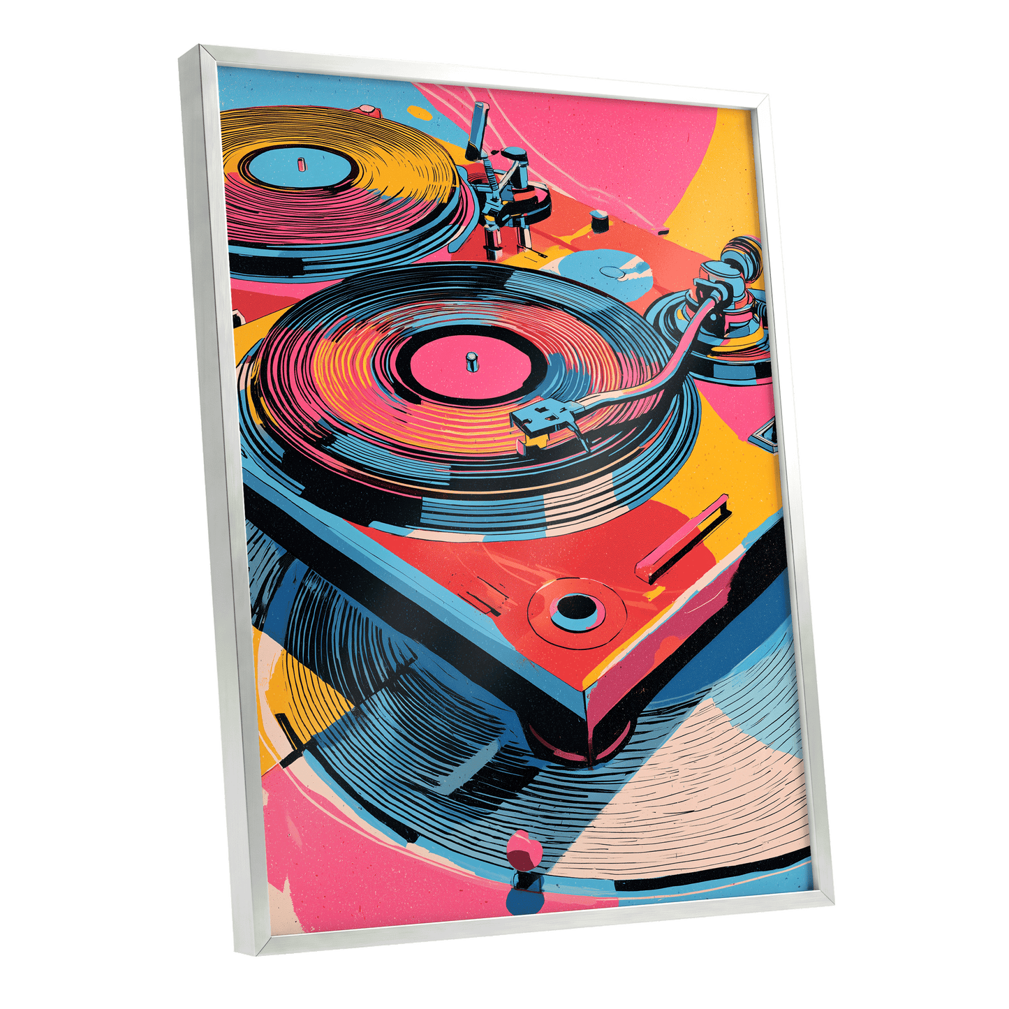 Turntable Riot, pink, blue, black abstract wall art shown as a silver framed poster wall art print