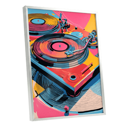 Turntable Riot, pink, blue, black abstract wall art shown as a silver framed poster wall art print