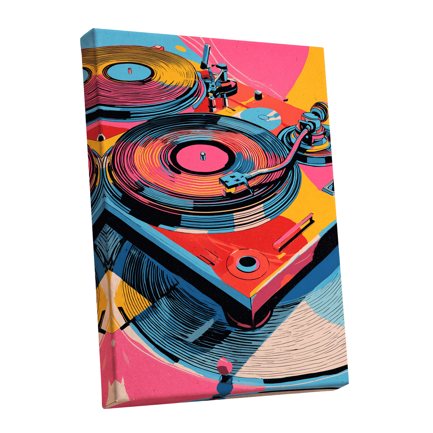 Turntable Riot, pink, blue, black abstract wall art shown as a stretched canvas wall art