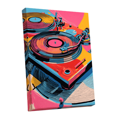 Turntable Riot, pink, blue, black abstract wall art shown as a stretched canvas wall art