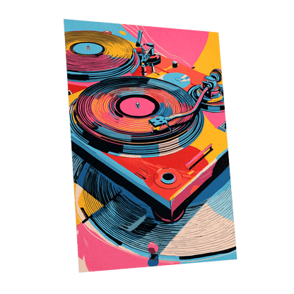 Turntable Riot, pink, blue, black abstract wall art shown as a unframed poster wall art print