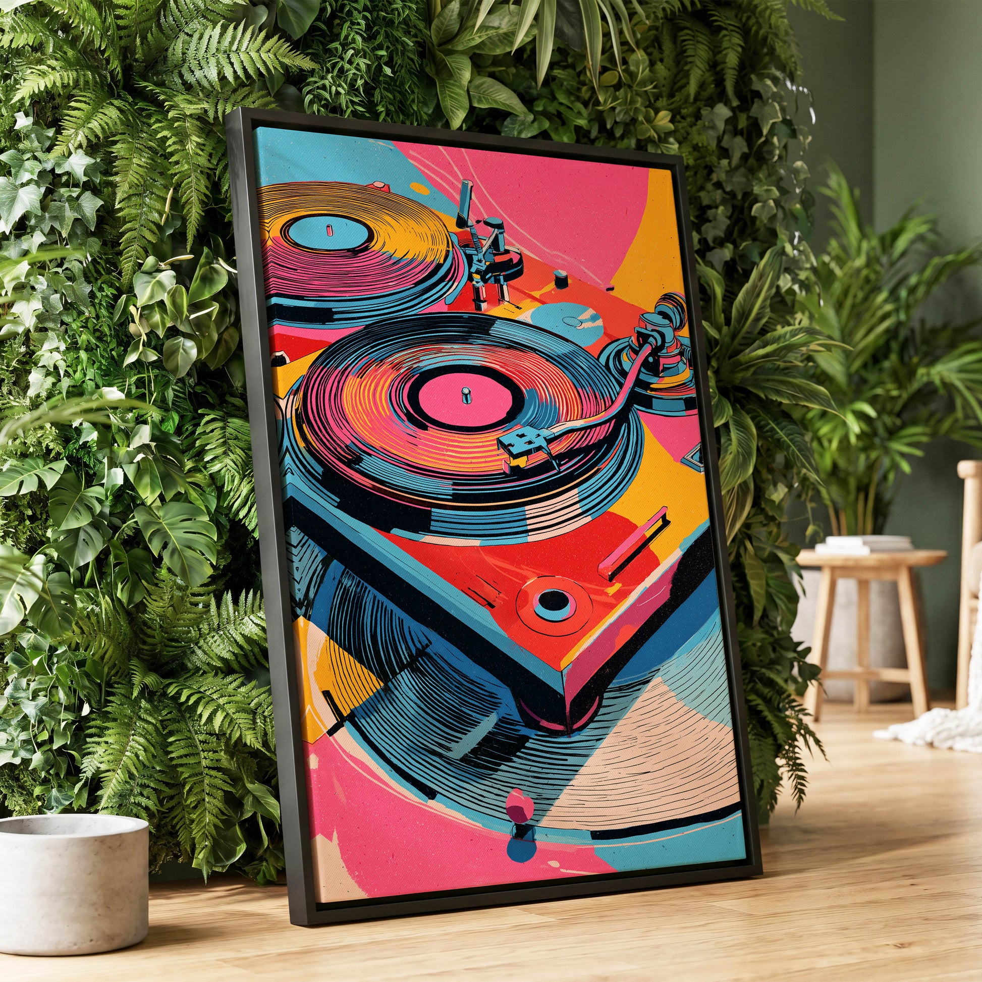 Turntable Riot, pink, blue, black abstract wall art displayed in a styled interior, gallery view 1