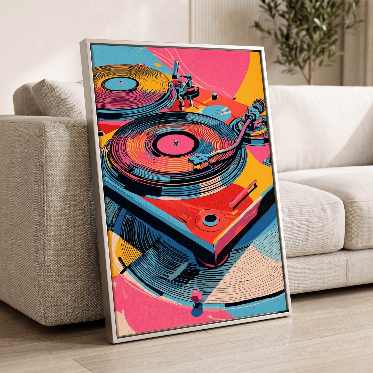 Turntable Riot, pink, blue, black abstract wall art displayed in a styled interior, gallery view 2