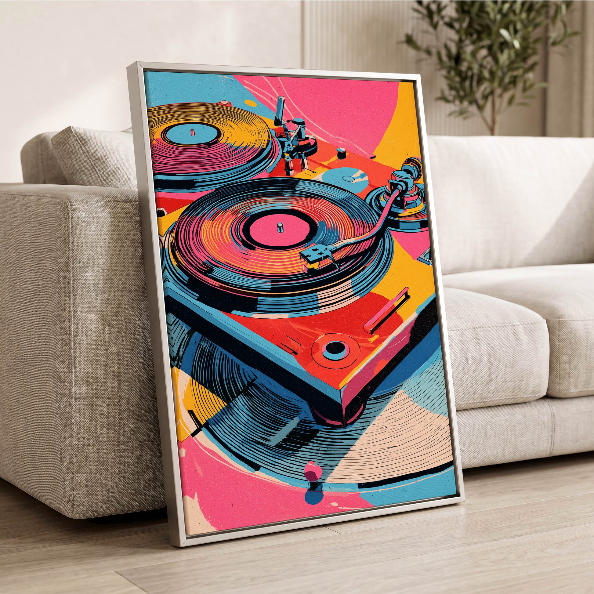 Turntable Riot, pink, blue, black abstract wall art displayed in a styled interior, gallery view 2
