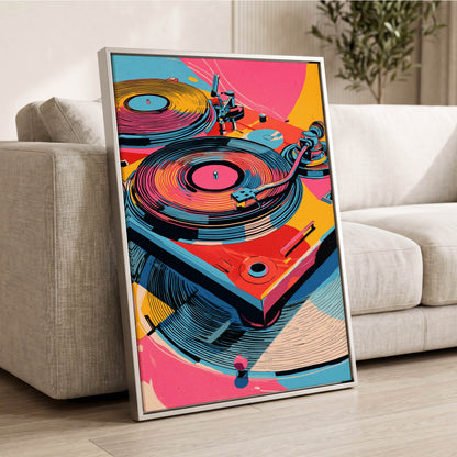 Turntable Riot, pink, blue, black abstract wall art displayed in a styled interior, gallery view 2