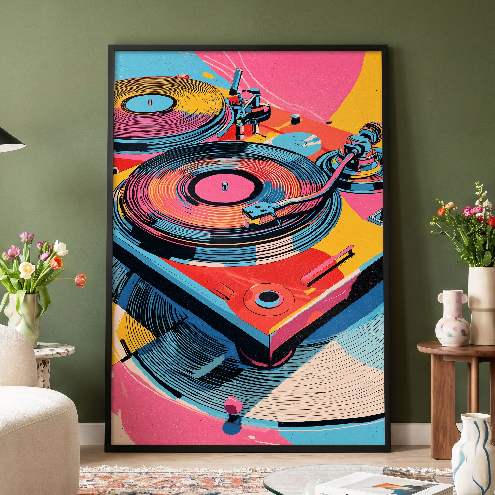 Turntable Riot, pink, blue, black abstract wall art displayed in a styled interior, gallery view 4
