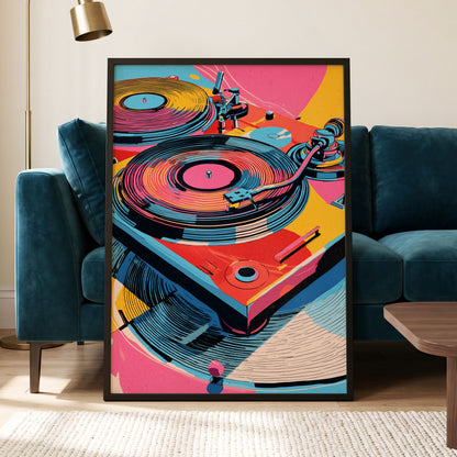Turntable Riot, pink, blue, black abstract wall art displayed in a styled interior, gallery view 5