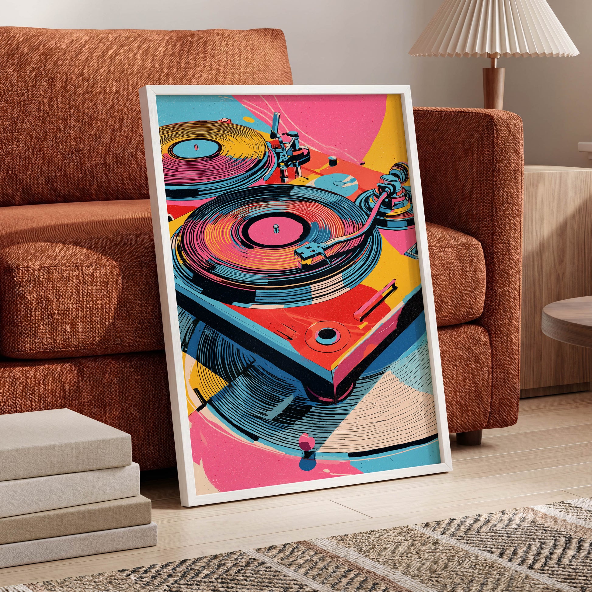 Turntable Riot, pink, blue, black abstract wall art displayed in a styled interior, gallery view 6