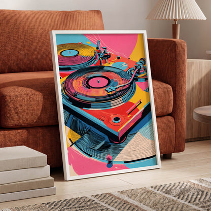 Turntable Riot, pink, blue, black abstract wall art displayed in a styled interior, gallery view 6
