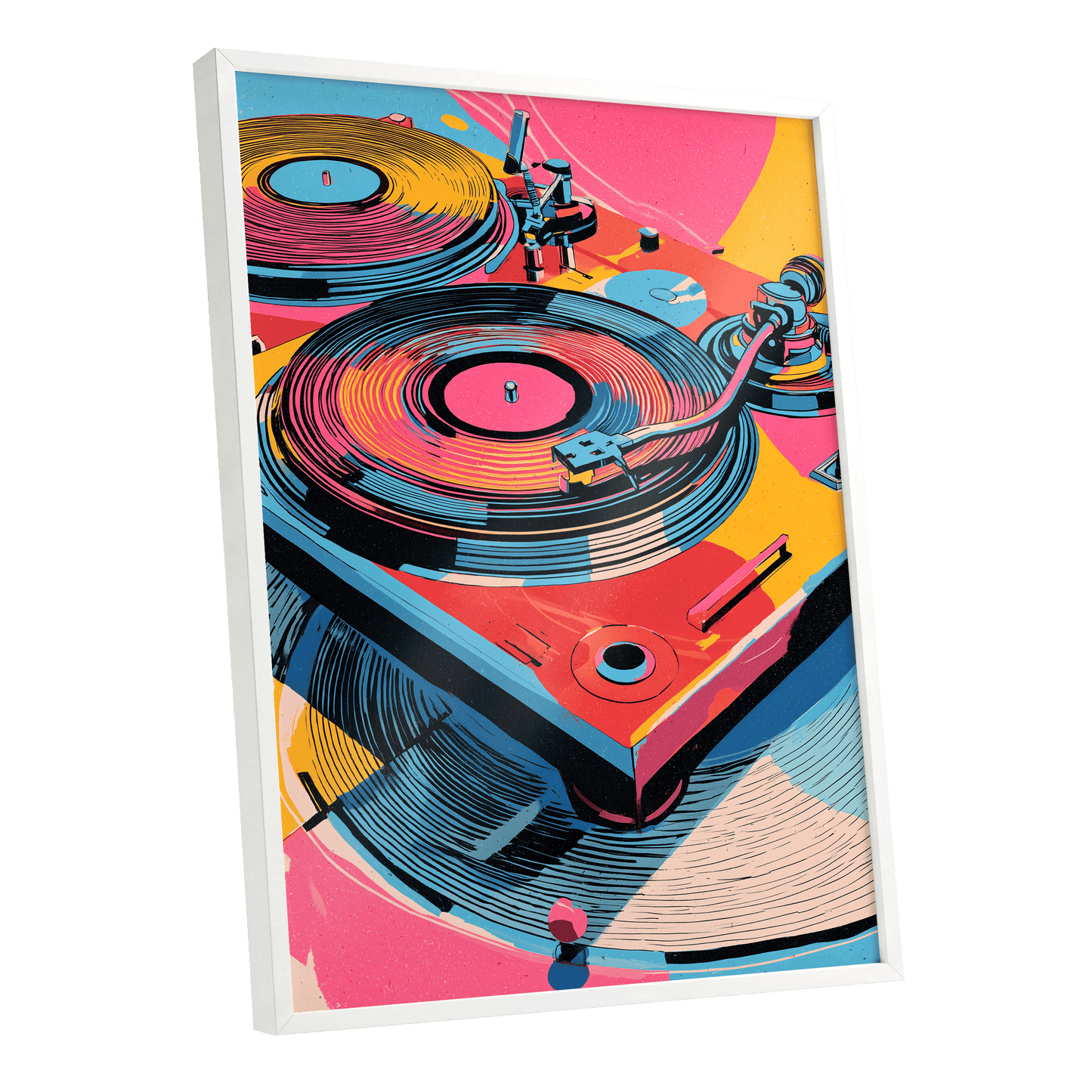 Turntable Riot, pink, blue, black abstract wall art shown as a white framed poster wall art print
