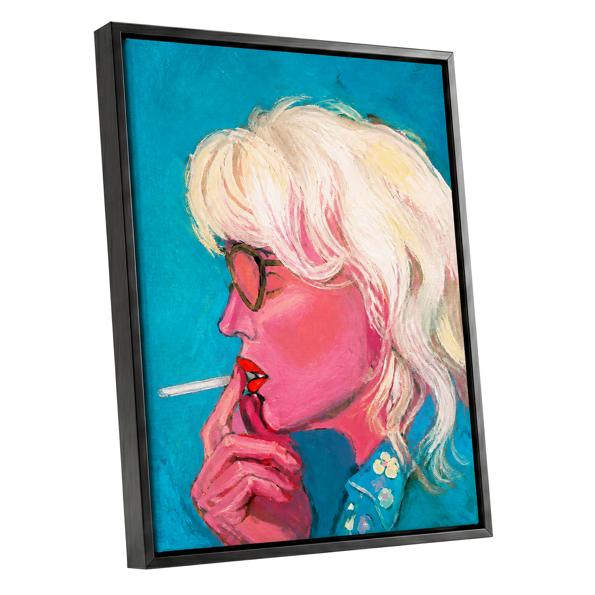 Turquoise Blonde, blue, pink, white abstract wall art shown as a black framed canvas wall art