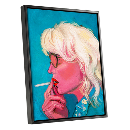 Turquoise Blonde, blue, pink, white abstract wall art shown as a black framed canvas wall art
