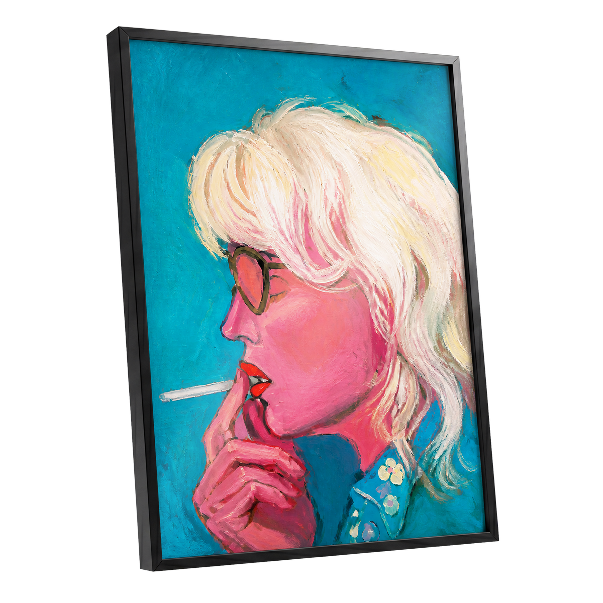 Turquoise Blonde, blue, pink, white abstract wall art shown as a black framed poster wall art print